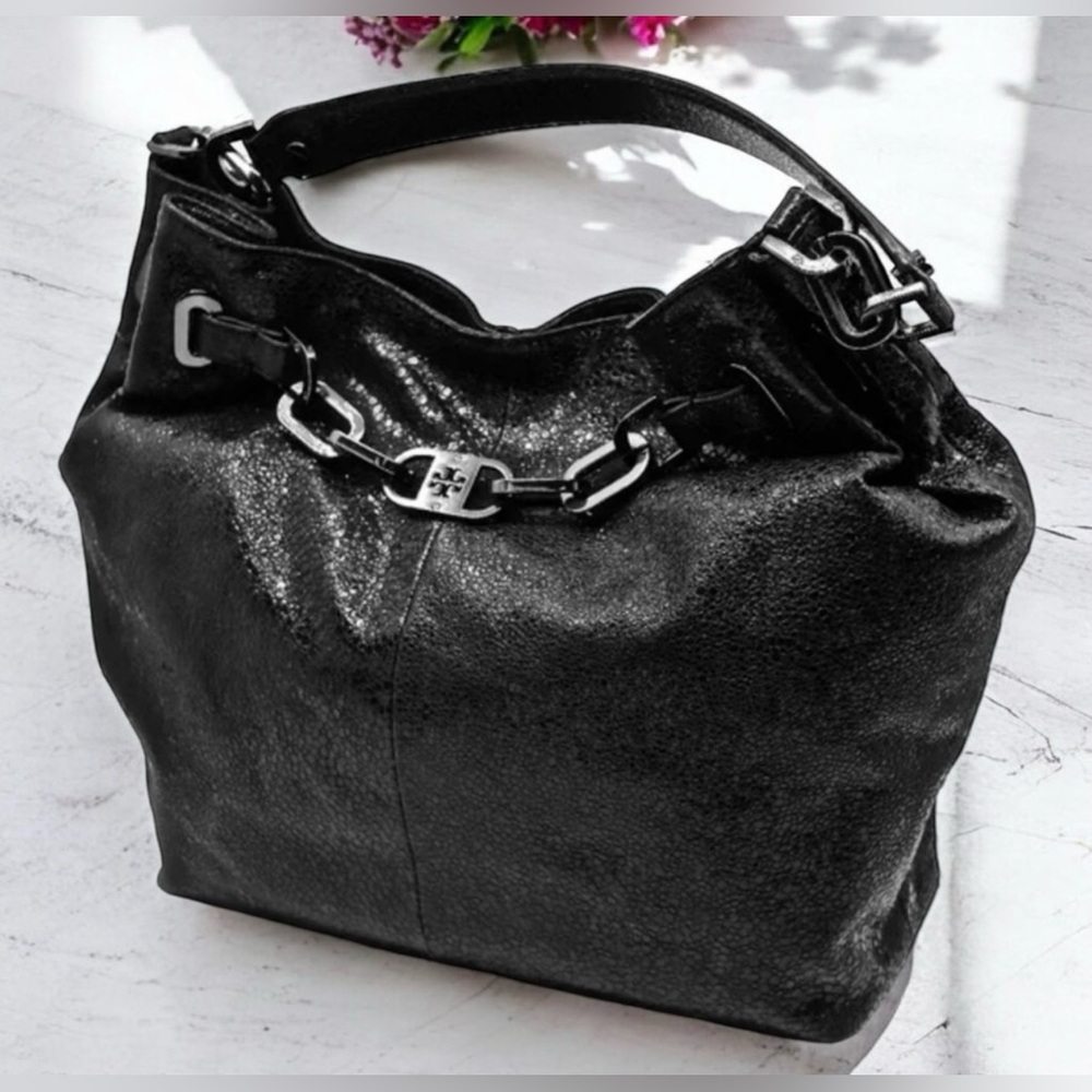 EUC Tory Burch Large Natalya Hobo Black Leather Snake/Bag - Picture 1 of 11